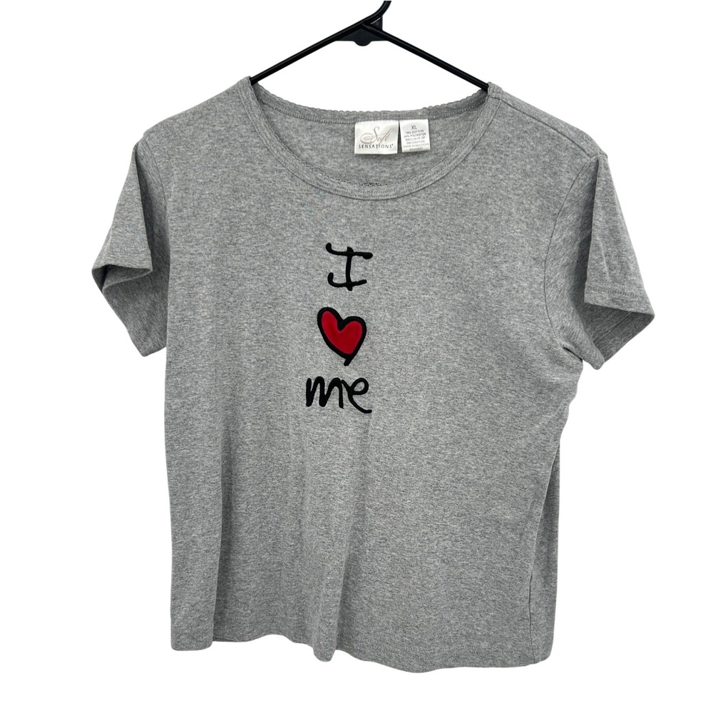 Y2K Baby Tee Embroidered I Heart Me Graphic‎ Short Sleeve Size XL Gray Coquette